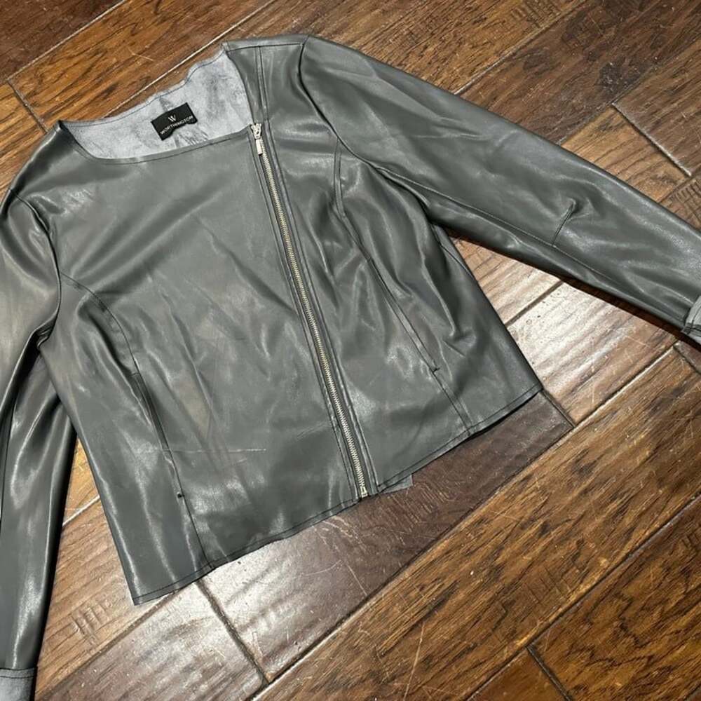 Worthington Womens Jacket Gray‎ Medium M Faux Leather Asymmetrical Full Zip